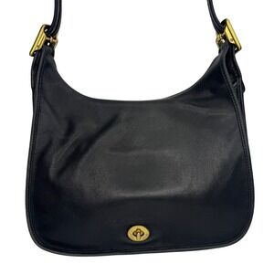 VTG Coach Black Leather Crescent Saddlebag Purse H1D-9718 Turn Lock‎ Crossbody